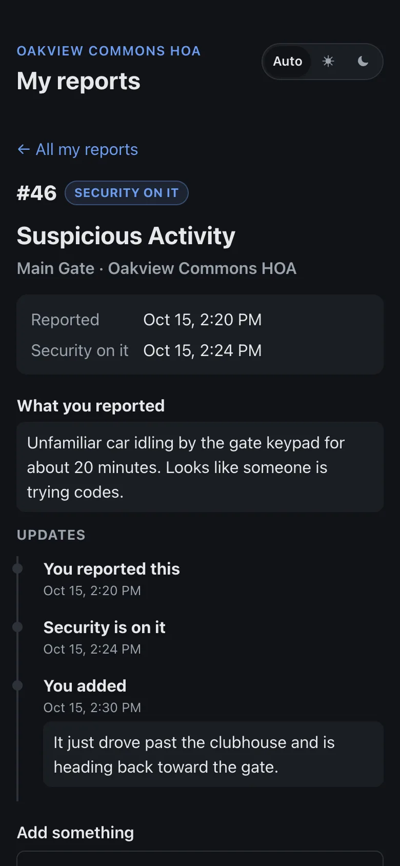 A resident's report in My reports, showing the team is on it and the resident's own reply
