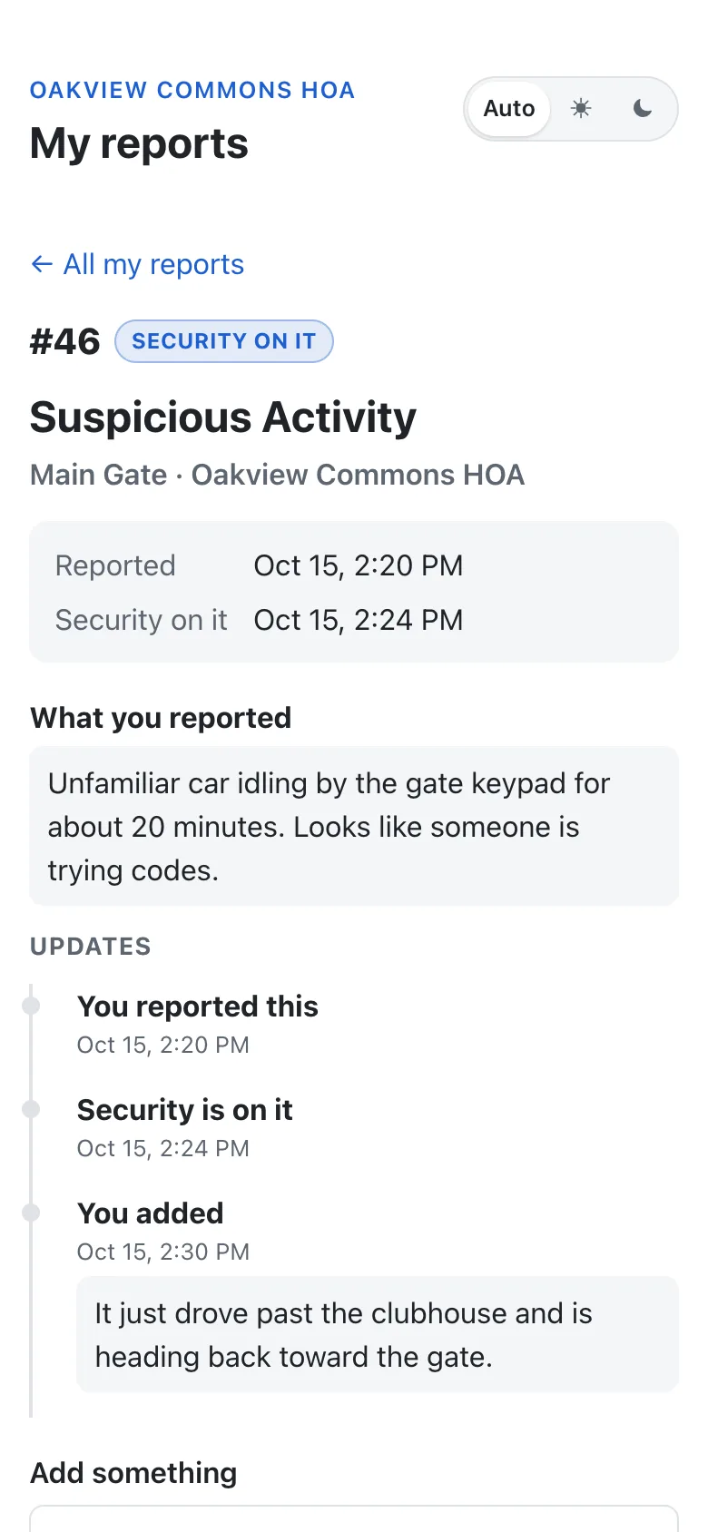 A resident's report in My reports, showing the team is on it and the resident's own reply