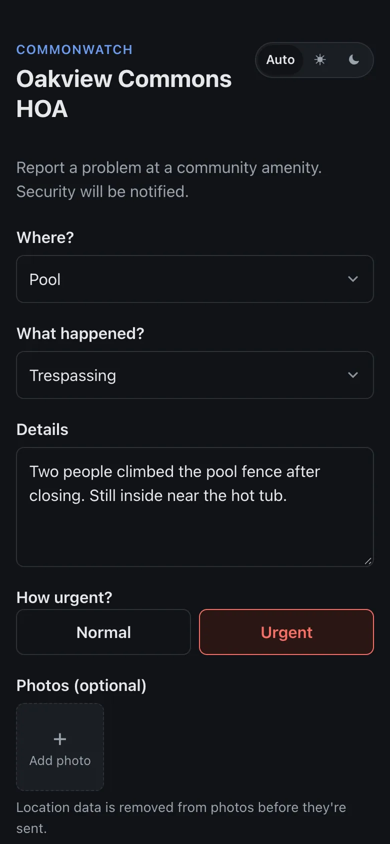 The resident report form with the pool selected, trespassing chosen and marked urgent