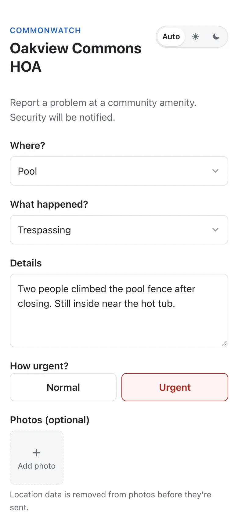 The resident report form with the pool selected, trespassing chosen and marked urgent