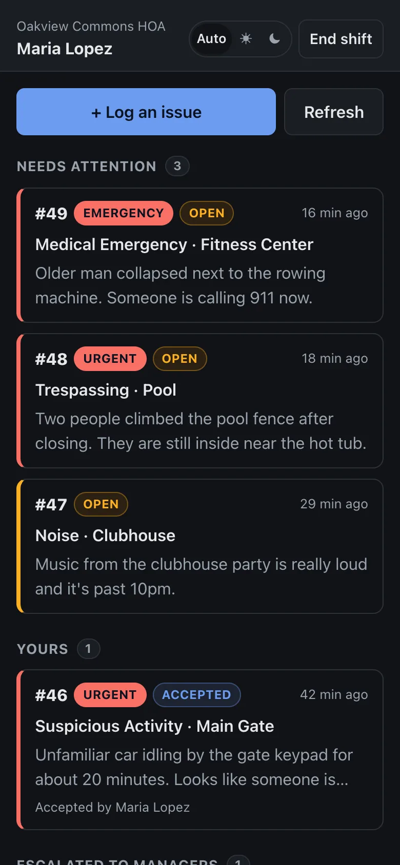 The staff app feed with an urgent trespassing report at the top