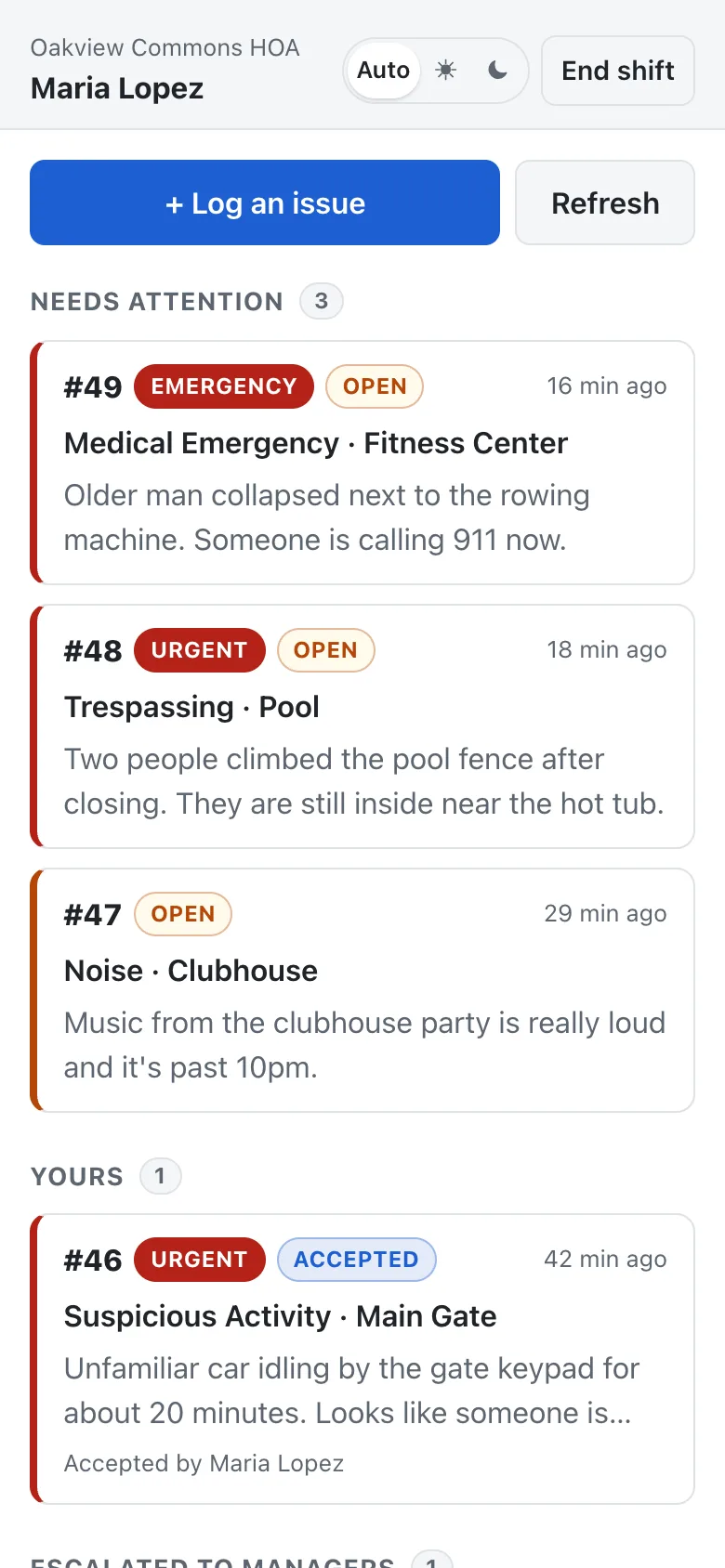 The staff app feed with an urgent trespassing report at the top