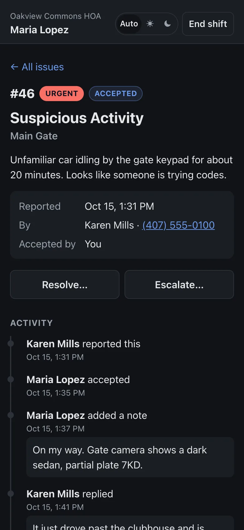 An accepted report showing the reporter, the guard who accepted it, and timeline notes