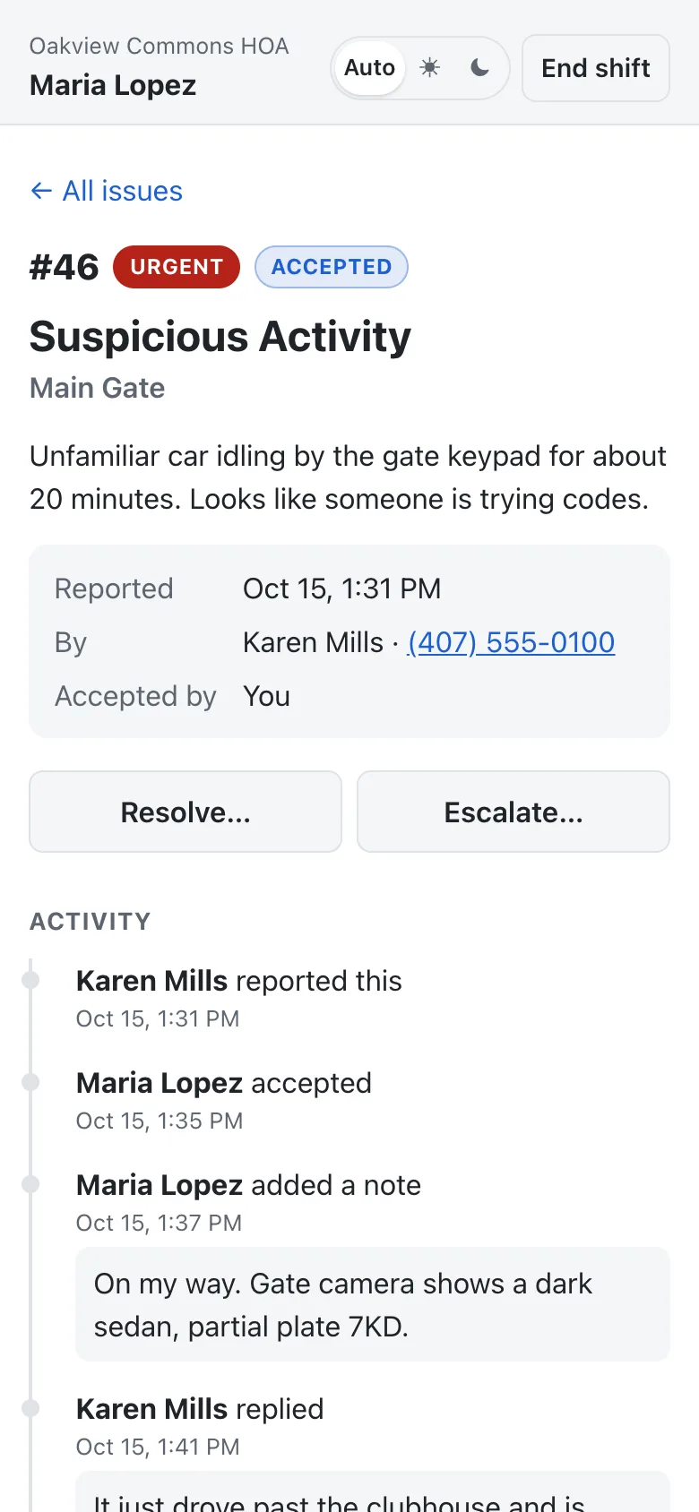 An accepted report showing the reporter, the guard who accepted it, and timeline notes